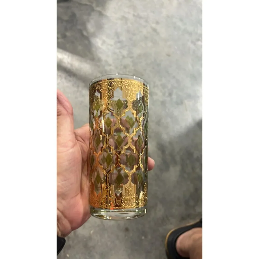 Vintage 4 Culver Valencia 22kt. Gold Green Highball Glasses